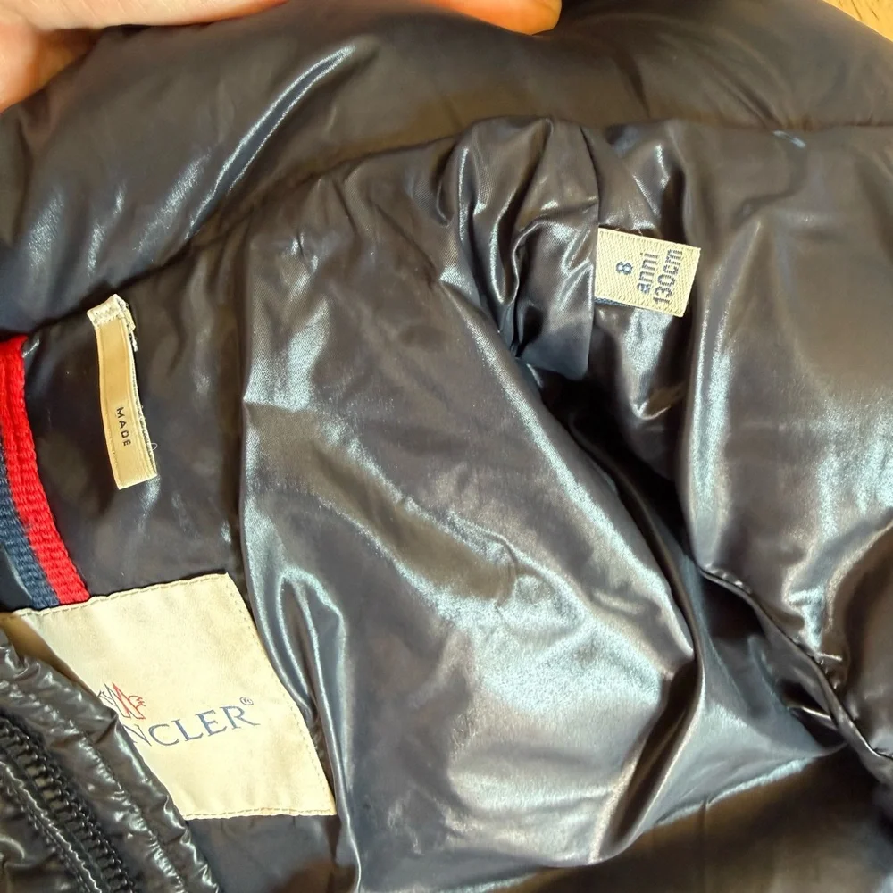 Moncler New Maya Down Jacket in classic navy blue, boys size 8.